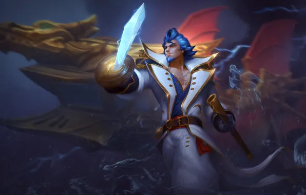 Вода, магия, драконы, меч, пират, парень, Smite