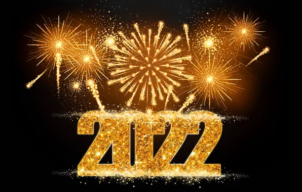 Картинка золото, салют, цифры, Новый год, golden, черный фон, new year, happy