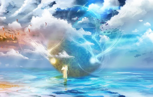 Картинка небо, вода, облака, птицы, магия, крылья, ангел, аниме