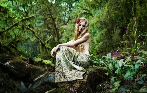 Лес, девушка, волосы, камень, макияж, fairy forest