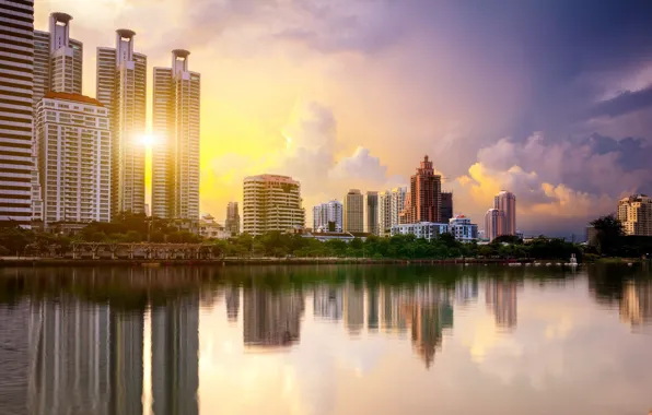 Картинка город, озеро, утро, Тайланд, Бангкок
