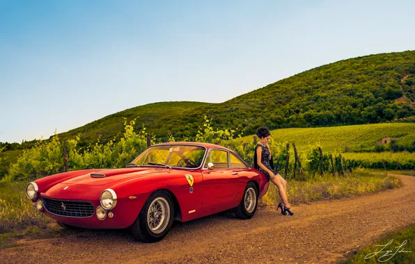 Дорога, девушка, виноградники, Ferrari 250