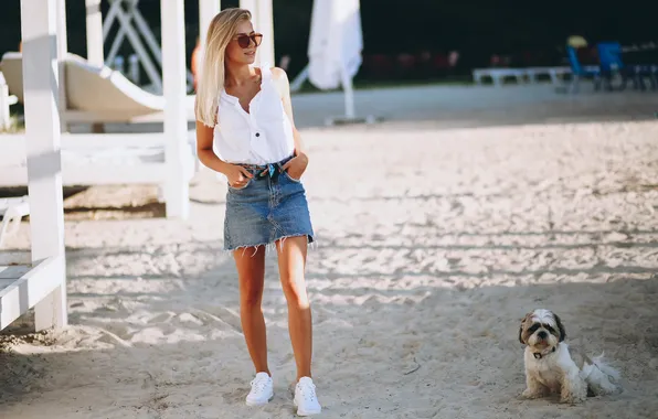 Girl, dog, beauty, blonde, sneakers, denim, miniskirt, glamorous
