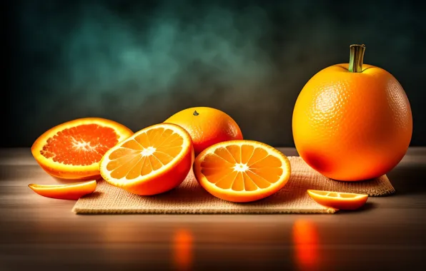 Свет, блики, стол, апельсин, апельсины, фрукты, цитрусы, половинки
