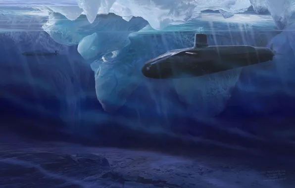 Картинка море, дно, айсберг, север, субмарины, подводные лодки
