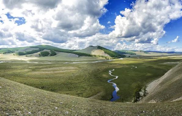 Поле, лес, небо, облака, свет, горы, река, синева