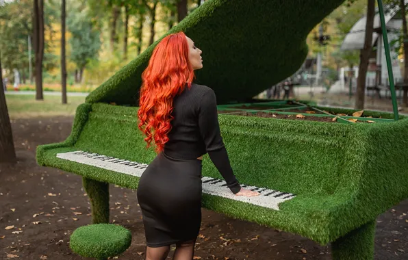 Grass, piano, brunette, black dress, Георгий Дьяков