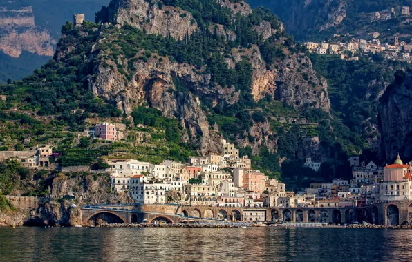 Картинка city, sea, landscape, Italy, Amalfi, coast, rocks, houses