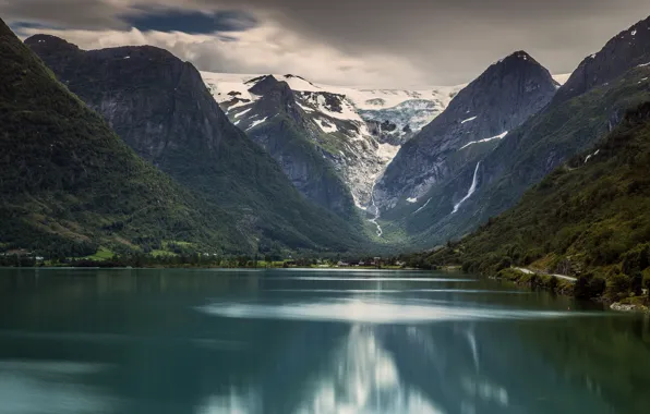 Горы, озеро, Норвегия, Norway, Стрюн, Национальный парк Йостедалсбреен, Ледник Бриксдаль, Jostedalsbreen National Park