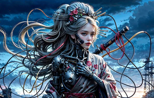 Girl, sword, fantasy, tower, science fiction, katana, sci-fi, samurai
