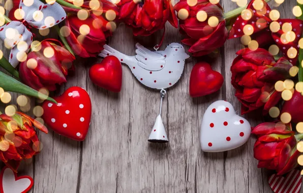 Картинка любовь, цветы, подарок, сердечки, тюльпаны, red, love, wood
