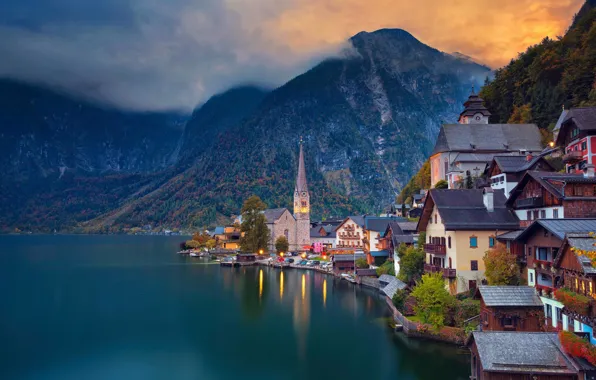 Картинка горы, озеро, дома, Австрия, Гальштат, Халльштатт