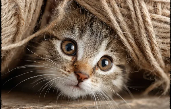 Кошка, взгляд, поза, котенок, серый, игра, малыш, нитки