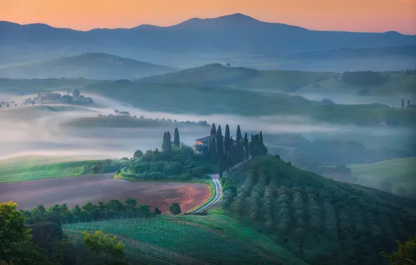 Горы, горизонт, Долина, живописный пейзаж, Flowing Fog, Lukas Trixl