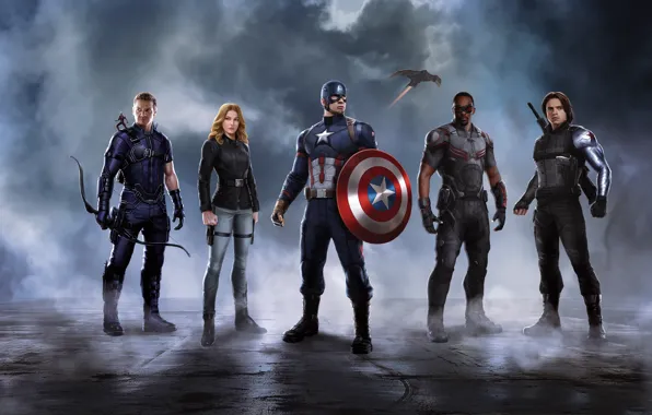 Картинка Scarlett Johansson, герои, щит, Falcon, Captain America, Black Widow, Natasha Romanoff, Chris Evans