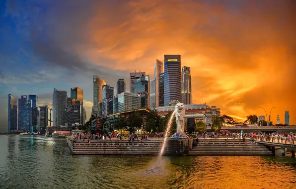 Картинка небо, мост, река, люди, дома, вечер, залив, Сингапур