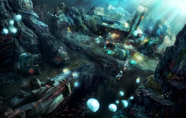 Картинка город, скалы, корабль, водолаз, арт, медузы, под водой, Anno 2070