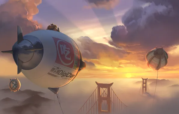 Картинка небо, облака, закат, мост, мультфильм, Калифорния, дирижабль, USA