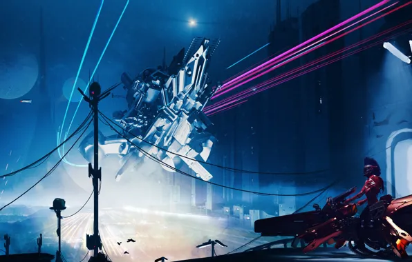 Ночь, Город, Мотоцикл, City, Fantasy, Art, Фантастика, Neon