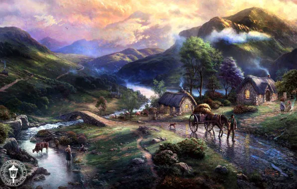 Картинка животные, горы, мост, природа, озеро, река, дома, деревня