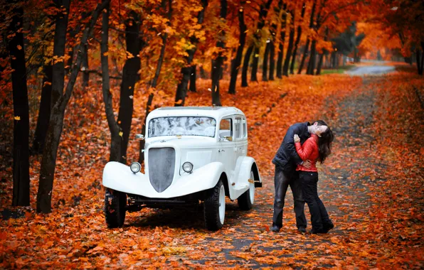 Картинка осень, парк, фон, обои, романтика, поцелуй, эмка, Газ м1