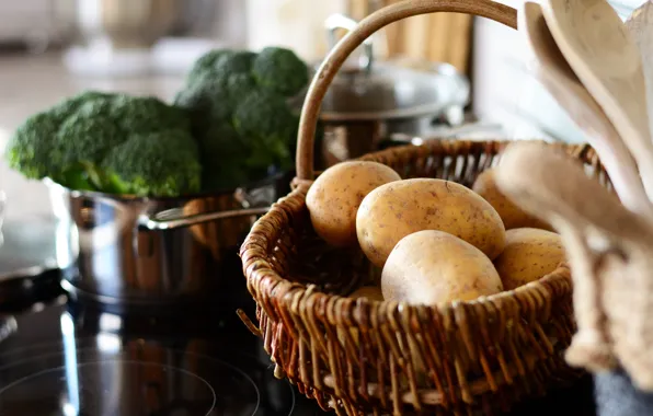 Кухня, плита, кастрюля, корзинка, овощи, капуста, молодая, боке