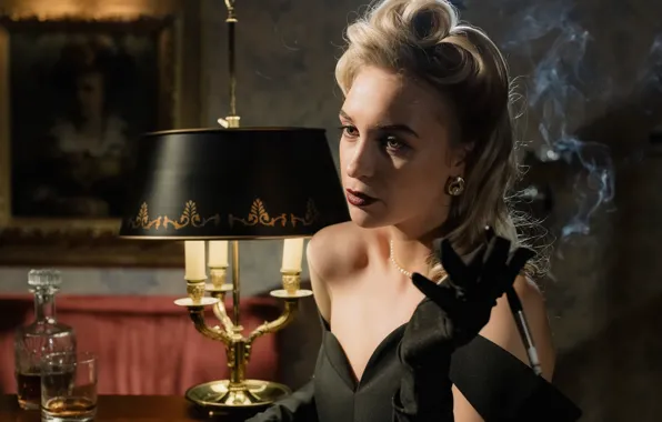 Блондинка, сигарета, мундштук, нуар, виски, noir, blonde, вечернее платье