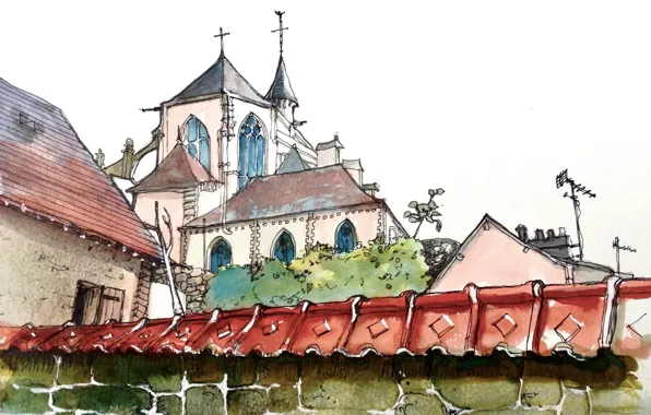 Город, стена, рисунок, Франция, акварель, собор, Пон-де-л’Арш