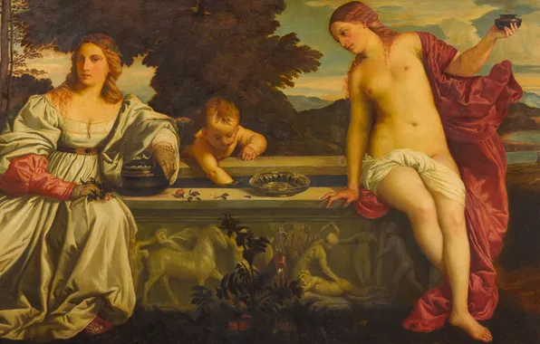Девушки, Картина, Венера, Тициан Вечеллио, Колодец, Titian Vecellio, Саркофаг, Любовь небесная и любовь земная