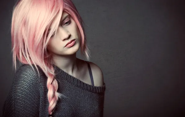 Девушка, волосы, коса, розовые