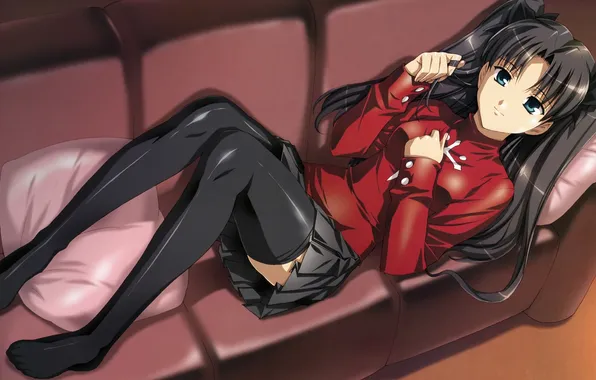 Взгляд, девушка, диван, лежит, fate stay night, tohsaka rin