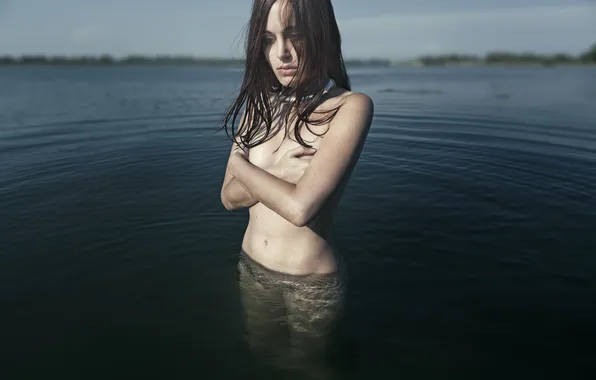 Girl, wet, woman, water, alone, mood, naked, pond