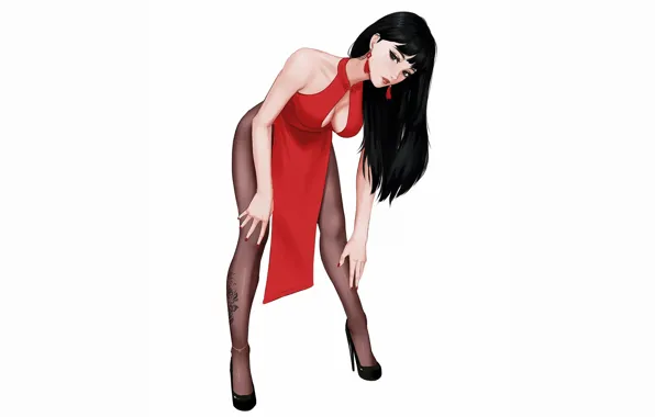 Картинка cleavage, boobs, stockings, high heels, red dress, pantyhose, bent over, Chinese dress