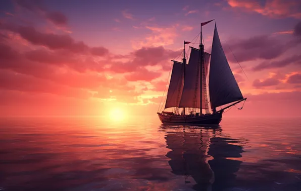 Картинка море, вода, закат, корабль, парусник, водоем, судно, плавание