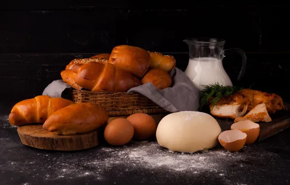 Яйца, молоко, хлеб, мясо, корзинка, выпечка, круассаны, тесто