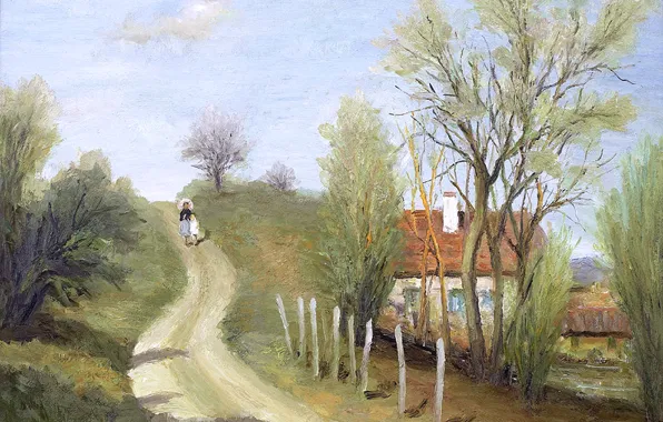 Картинка дорога, деревья, пейзаж, дом, картина, холм, прогулка, Марсель Диф
