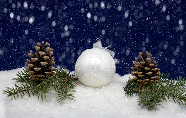 Картинка снег, праздник, шарик, Рождество, Новый год, хвоя, шишки, синий фон
