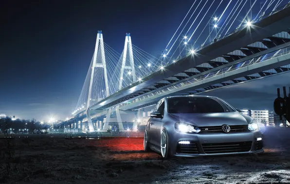 Картинка Volkswagen, Car, Front, Bridge, Night, Golf R, Low