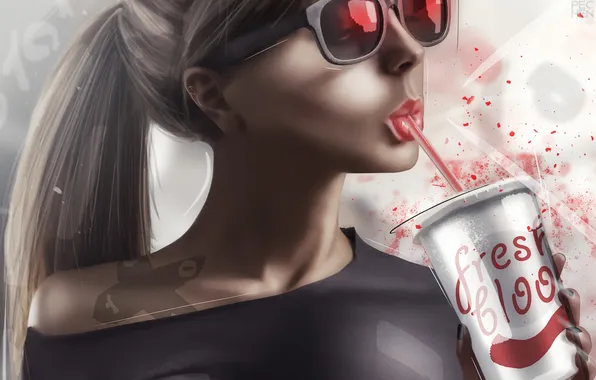 Картинка Girl, Red, Beautiful, Art, Fresh, Glasses, Pechen, Beverage