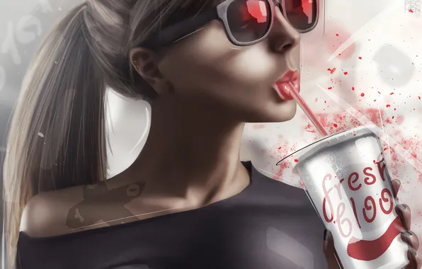 Girl, Red, Beautiful, Art, Fresh, Glasses, Pechen, Beverage