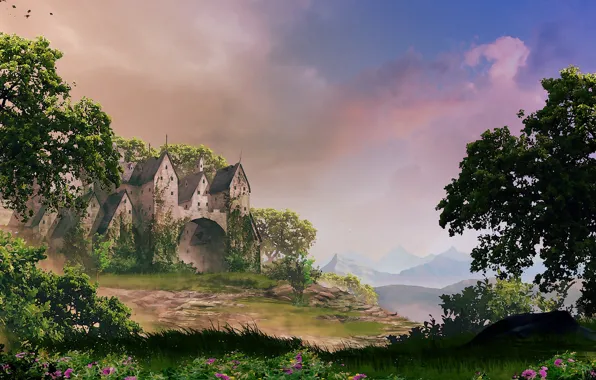 Деревья, цветы, природа, замок, Castle