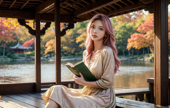 Картинка осень, девушка, парк, книга, азиатка