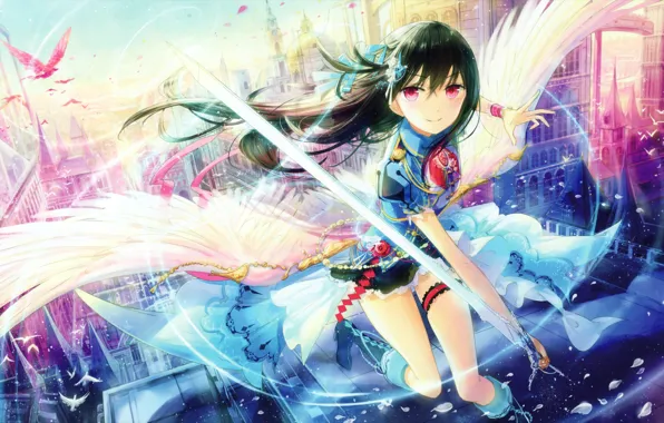 Картинка девушка, город, меч, аниме, арт