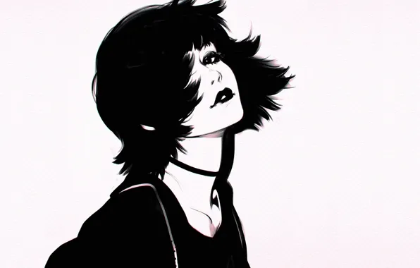 Картинка стрижка, черно-белая, губы, серый фон, шея, челка, портрет девушки, Илья Кувшинов