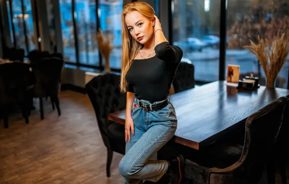 Blouse, model, women, jeans, redhead, table, boots, dining room