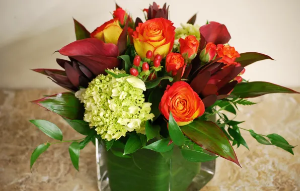 Розы, букет, Roses, гортензия, каллы, Hydrangea