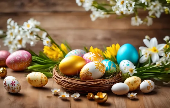 Цветы, яйца, весна, colorful, Пасха, happy, flowers, spring