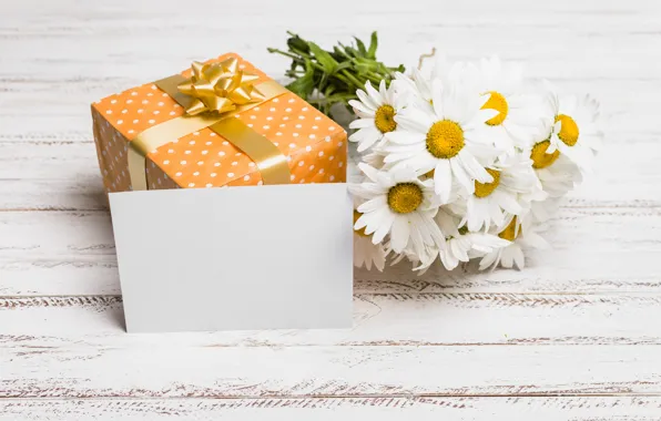 Подарок, ромашки, букет, wood, gift box, День Матери