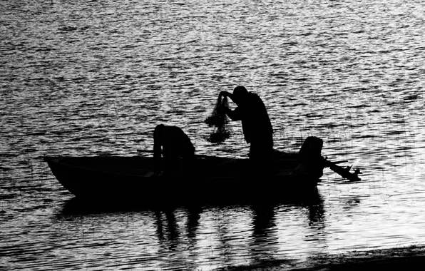 Картинка вода, люди, лодка, рыбалка, черно-белая