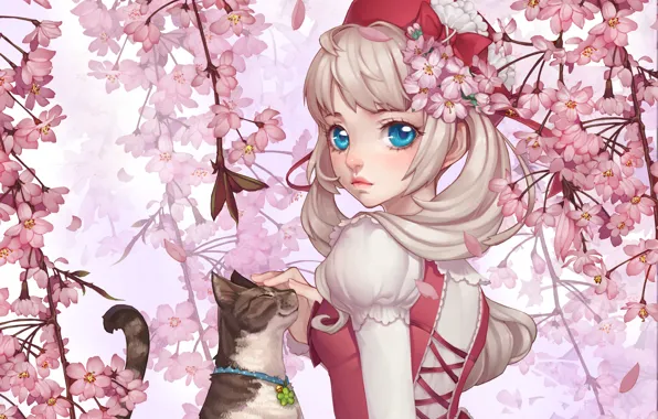 Картинка кошка, девушка, цветы, сакура, арт, ошейник, бант, колокольчик
